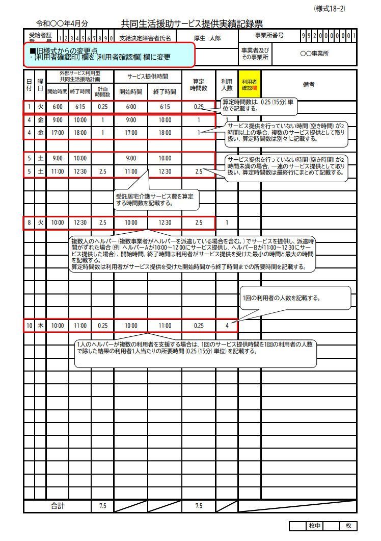 サービス提供実績記録表